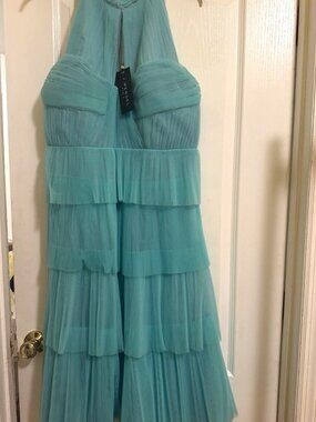 J.Mendel Paris Turquoise Tiered Tulle Halter Midi Dress 14 NWT